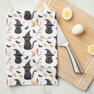 Halloween Black Cat Pattern - Witchy Cat  Tea Towel