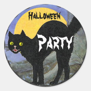 HALLOWEEN Black Cat Printed Yellow Full Moon Classic Round Sticker