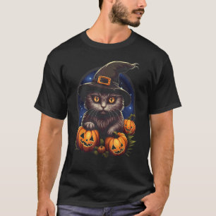 Halloween Black Cat Pumpkin Costume Witch Hat Moon T-Shirt