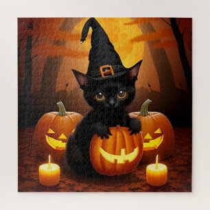 Halloween Black Cat Pumpkin Glow Scene Jigsaw Puzzle
