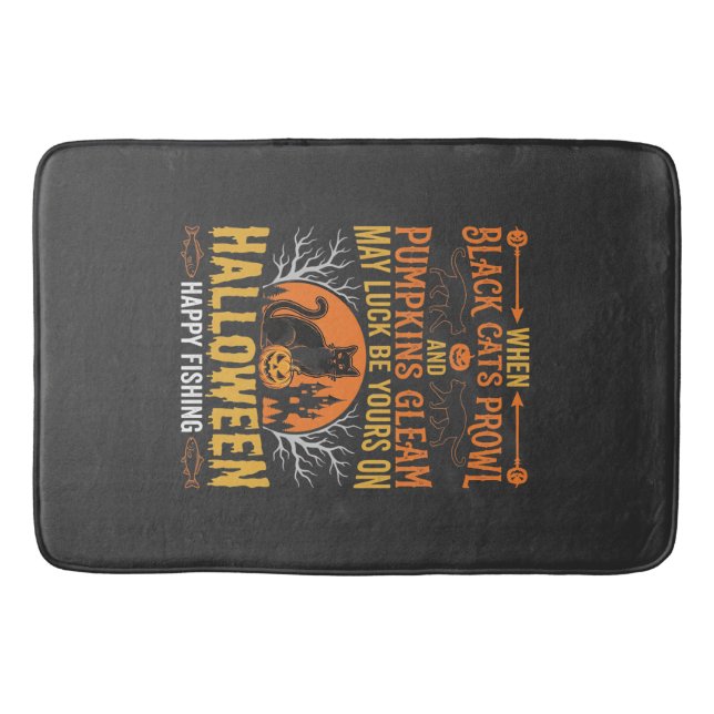 Halloween Black Cat Pumpkin Happy Fishing Design Bath Mat (Front)