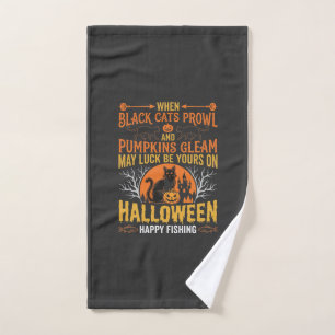 Halloween Black Cat Pumpkin Happy Fishing Design Hand Towel