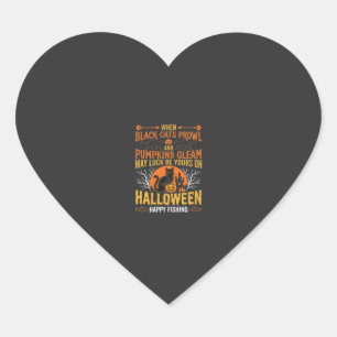 Halloween Black Cat Pumpkin Happy Fishing Design Heart Sticker