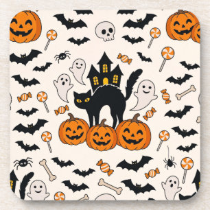 Halloween Black Cat & Pumpkin Haunted House Coaster