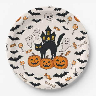 Halloween Black Cat & Pumpkin Haunted House Paper Plate