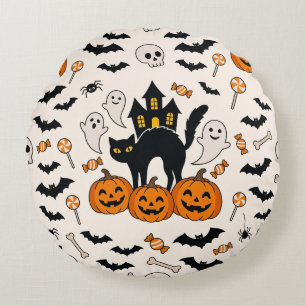 Halloween Black Cat & Pumpkin Haunted House Round Cushion