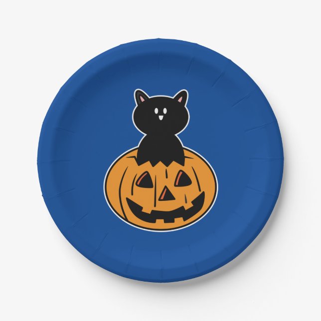 Halloween Black Cat Pumpkin Party Paper Plates (Front)