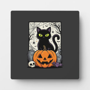 Halloween Black Cat Pumpkin Vector Design Plaque