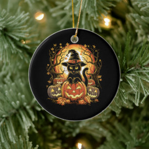 Halloween Black Cat Pumpkin Witch Cat Scary Ceramic Tree Decoration