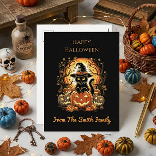 Halloween Black Cat Pumpkin Witch Cat Scary Holiday Postcard