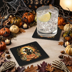 Halloween Black Cat Pumpkin Witch Cat Scary Square Paper Coaster