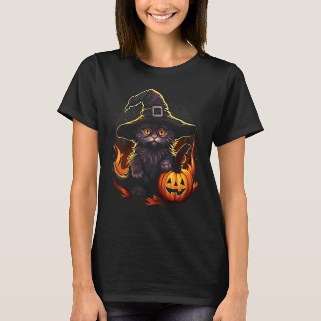 Halloween Black Cat Pumpkin Witch Hat Spooky Kitte T-Shirt (Front)