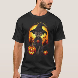 Halloween Black Cat Pumpkin Witch Hat Spooky Scary T-Shirt
