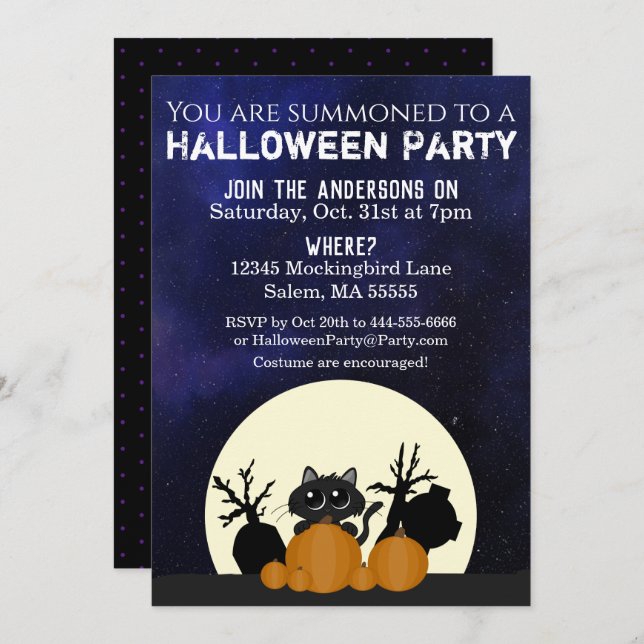 Halloween Black Cat Pumpkins Graveyard Full Moon Invitation (Front/Back)