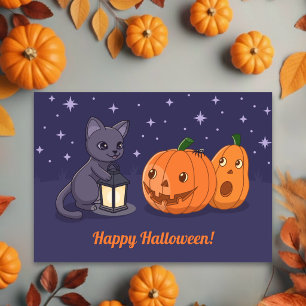 Halloween Black Cat, Pumpkins, Lantern on Purple Card