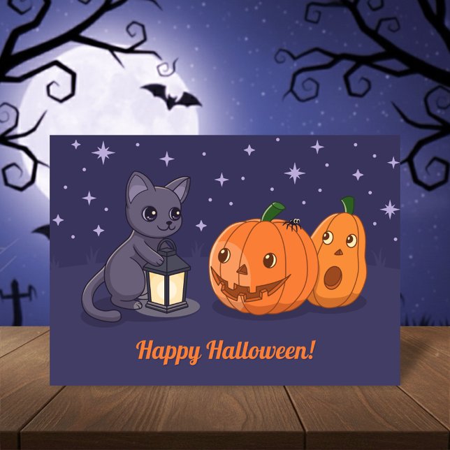 Halloween Black Cat, Pumpkins, Lantern on Purple Card (Creator Uploaded)