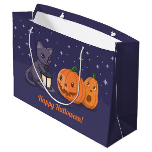 Halloween Black Cat Pumpkins Lantern Purple Large Gift Bag
