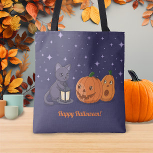 Halloween Black Cat Pumpkins Lantern Purple Tote Bag