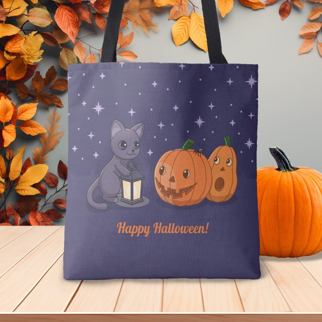 Halloween Black Cat Pumpkins Lantern Purple Tote Bag (Creator Uploaded)