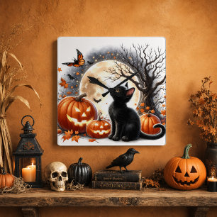 Halloween Black Cat & Pumpkins Rustic Amber Square Wall Clock