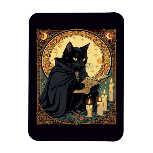 Halloween Black Cat Reading A Book Magnet (Vertical)