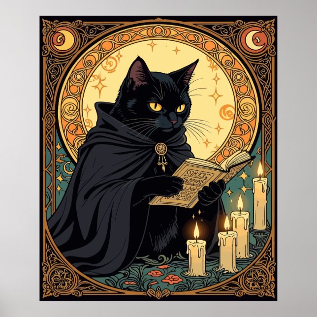Halloween Black Cat Reading A Book Poster (Front)