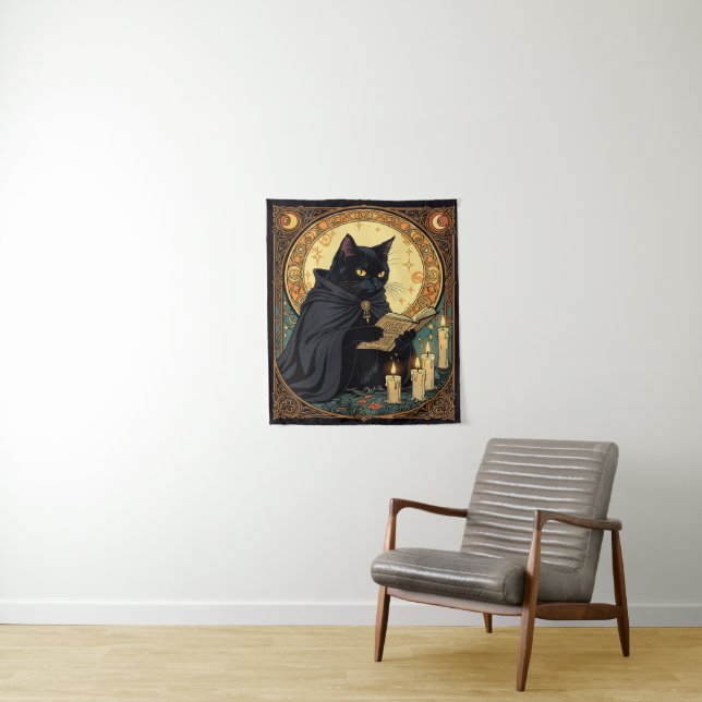 Halloween Black Cat Reading A Book Tapestry (In Situ)
