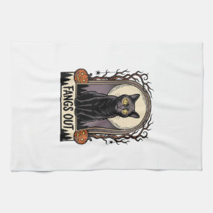 Halloween Black Cat Shirt Vintage Fangs Design_1 Tea Towel