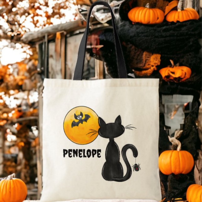 Halloween Black Cat Spider Bat Name Trick Treat Tote Bag (Creator Uploaded)