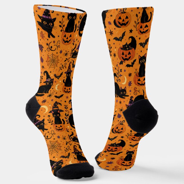 Halloween Black Cat, Spooky Cat Pumpkin Pattern Socks (Angled)