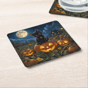 Halloween Black Cat Square Paper Coaster