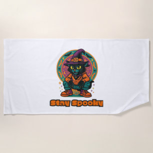 Halloween Black Cat – Stay Spooky Retro Witch Cat  Beach Towel