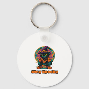 Halloween Black Cat � Stay Spooky Retro Witch Cat  Key Ring