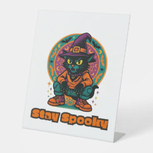 Halloween Black Cat – Stay Spooky Retro Witch Cat Pedestal Sign