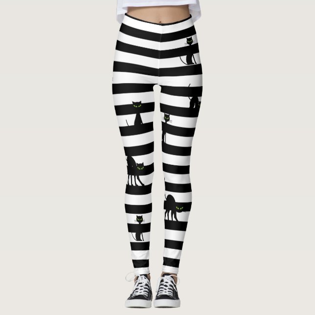 Halloween Black Cat & Stripes Leggings (Front)