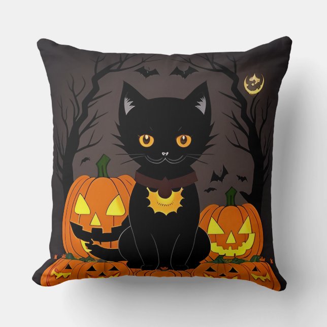 Halloween Black Cat Surrounded by Jack-o'-Lanterns Cushion (Front)