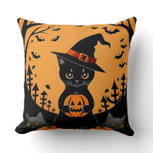 Halloween Black Cat Surrounded by Jack-o'-Lanterns