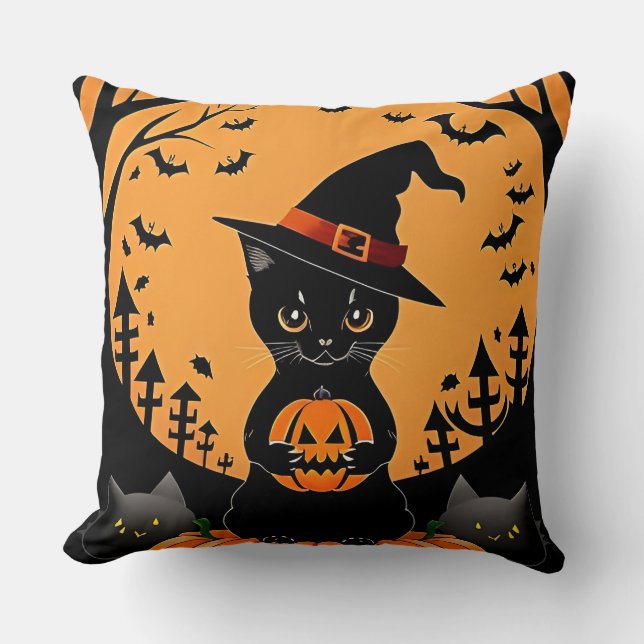 Halloween Black Cat Surrounded by Jack-o'-Lanterns Cushion (Front)