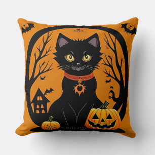 Halloween Black Cat Surrounded by Jack-o'-Lanterns Cushion
