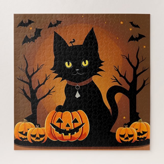 Halloween Black Cat Surrounded by Jack-o'-Lanterns Jigsaw Puzzle (Vertical)