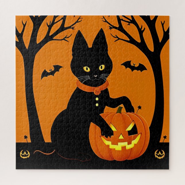 Halloween Black Cat Surrounded by Jack-o'-Lanterns Jigsaw Puzzle (Vertical)