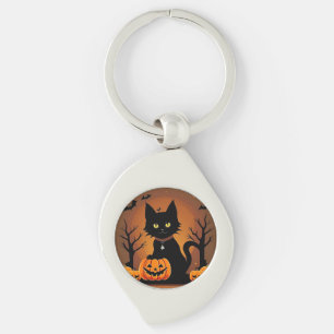 Halloween Black Cat Surrounded by Jack-o'-Lanterns Key Ring