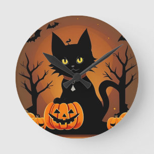 Halloween Black Cat Surrounded by Jack-o'-Lanterns Round Clock