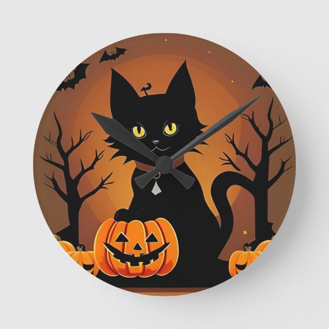Halloween Black Cat Surrounded by Jack-o'-Lanterns Round Clock (Front)