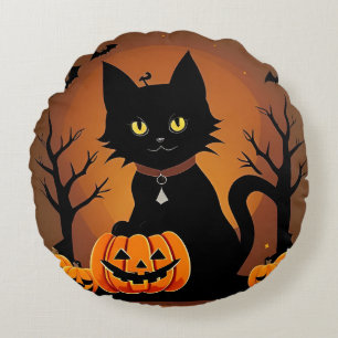 Halloween Black Cat Surrounded by Jack-o'-Lanterns Round Cushion