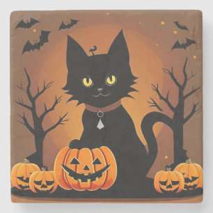 Halloween Black Cat Surrounded by Jack-o'-Lanterns Stone Coaster