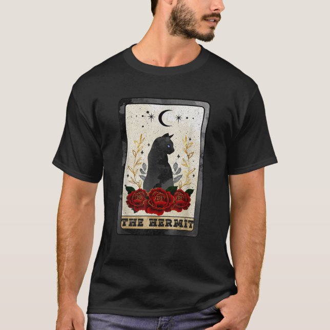 Halloween Black Cat The Hermit Tarot Card Witchcra T-Shirt (Front)