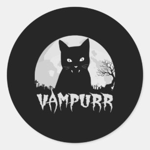 Halloween Black Cat Vampire With Full Moon - Vampu Classic Round Sticker