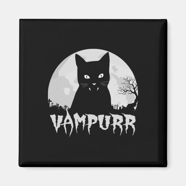 Halloween Black Cat Vampire With Full Moon - Vampu Magnet (Front)