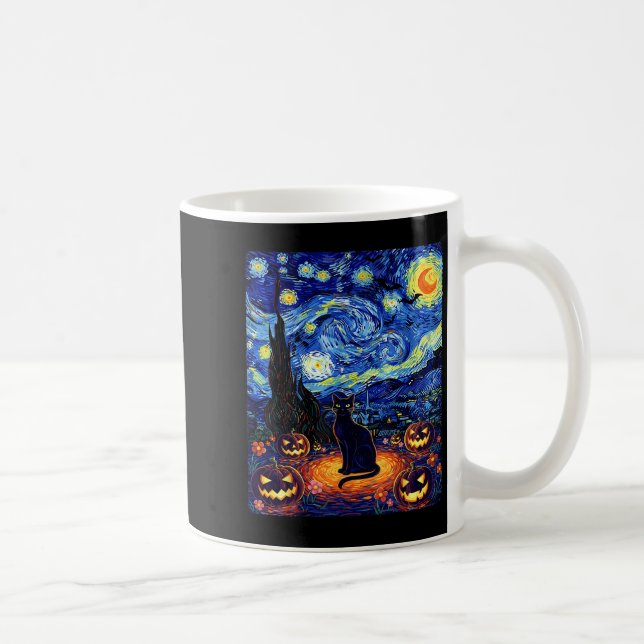 Halloween Black Cat Van Gogh Starry Night Cat Cost Coffee Mug (Right)